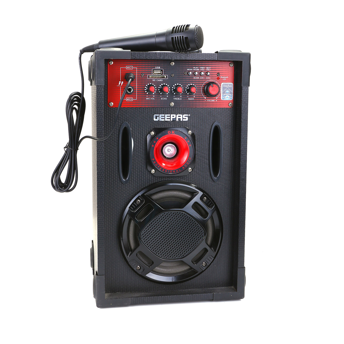 Geepas GMS8425 2.0-Channel Professional Speakers- 16000 PMPO | with Wired Mic | USB/SD Card, FM Radio | Ideal for Discos, Singing, Karaoke