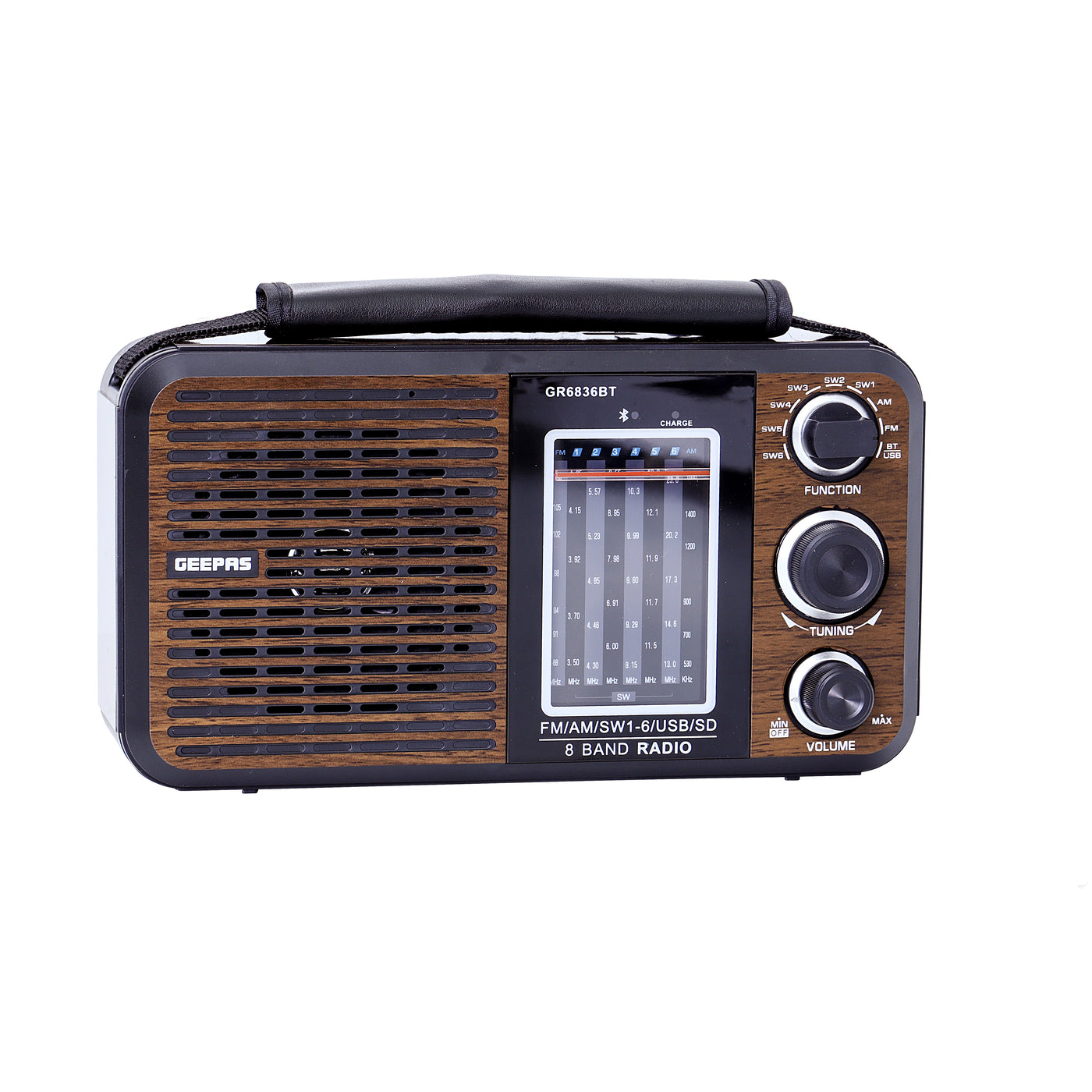 Rechargeable FM Radio, Large Capacity Battery, Perfectly Portable, Lightweight, Retro Style FM Radio, Strong And Stylish, Perfect Sound Quality, Multi Band GR6836BT Brown/Black