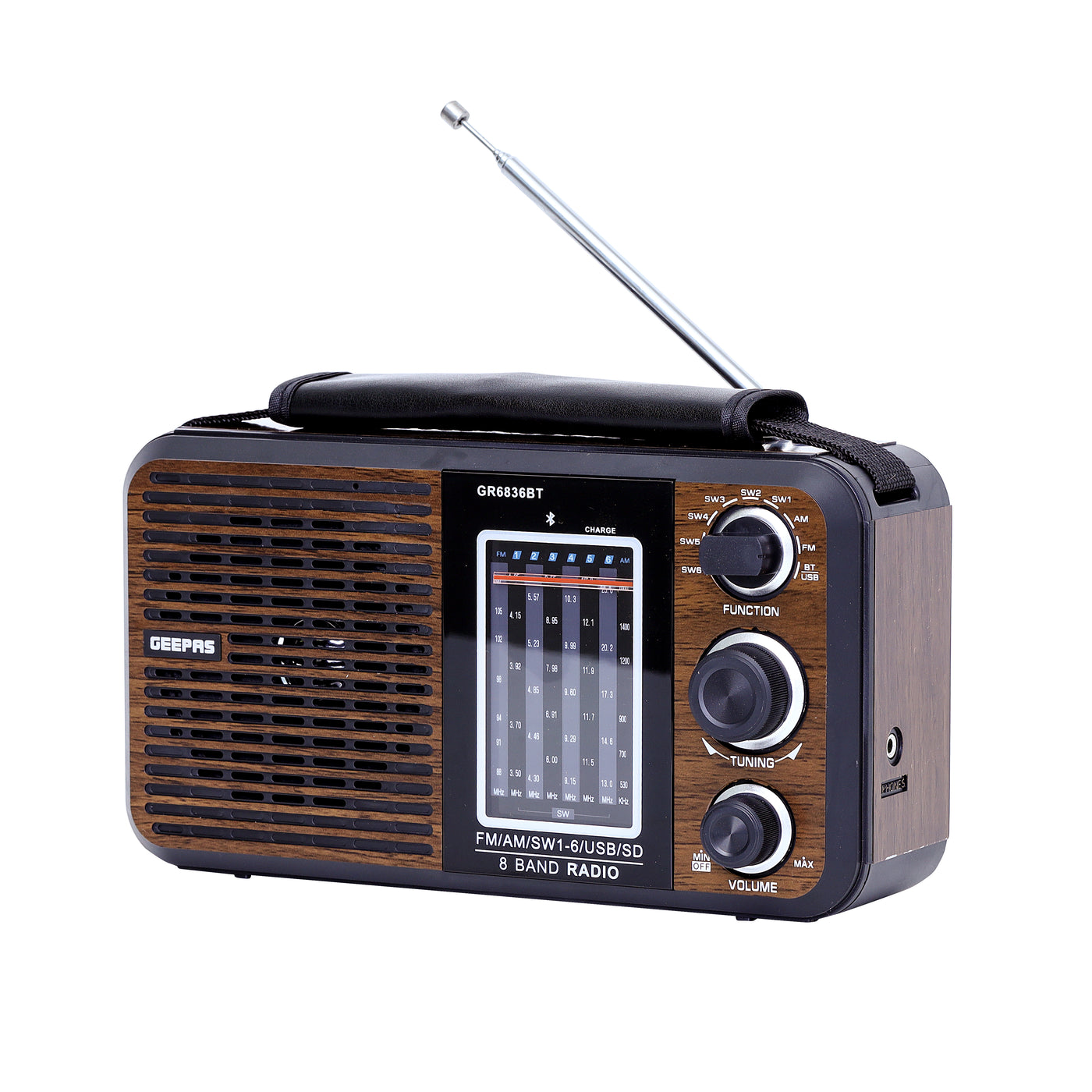 Rechargeable FM Radio, Large Capacity Battery, Perfectly Portable, Lightweight, Retro Style FM Radio, Strong And Stylish, Perfect Sound Quality, Multi Band GR6836BT Brown/Black