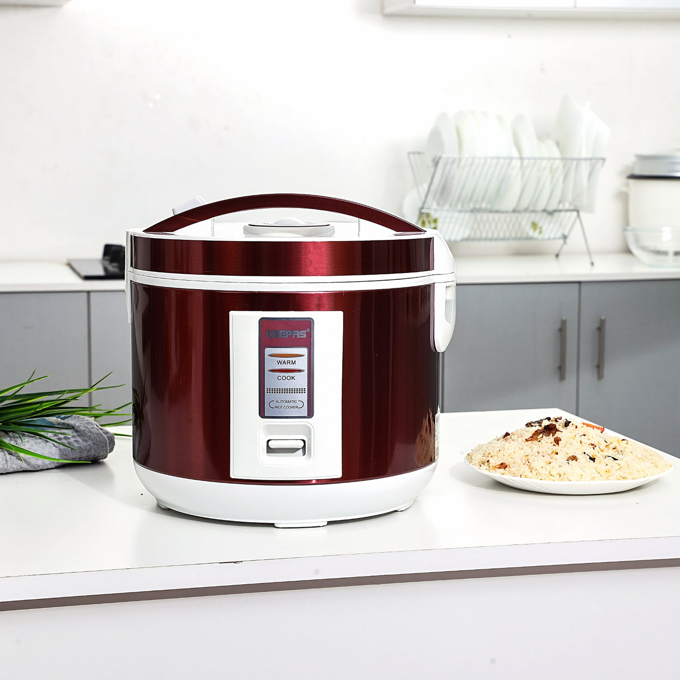 Geepas Stainless Steel Rice Cooker- GRC4328| 1.5 L Capacity with Non-Stick Inner Pot and Stainless Steel Body| Includes Cook, Steam and Warm Functions, Single Switch Design| Rice Spoon and Measuring Cup| Red