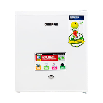 Defrost Mini Fridge, Door Lock and Key, GRF654WPEN - Low Noise Design, Compact, Powerful Compressor, Energy Saving, Fast Freezing, Adjustable Thermostat, 60L Capacity