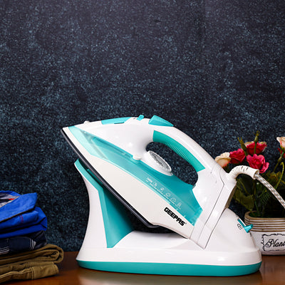 Geepas Cordless/Corded Steam Iron- GSI24015| Wet and Dry Steam Iron Box with Ceramic Soleplate and Self-Cleaning Function| Handy Design with Powerful Burst Steam, Anti-Drip Function| Suitable for All Kinds of Fabric, 2000-2400 W Power