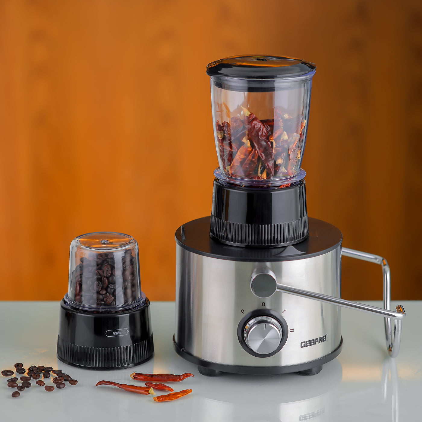 Geepas 4-IN-1 Stainless Steel Blender and Juice Extractor- GSB44016| 800 W Powerful Motor with 2 Speed Setting and Pulse| 2 L Pulp Container, 1.1 L Juice Cup, 1.5 L Blender Jar