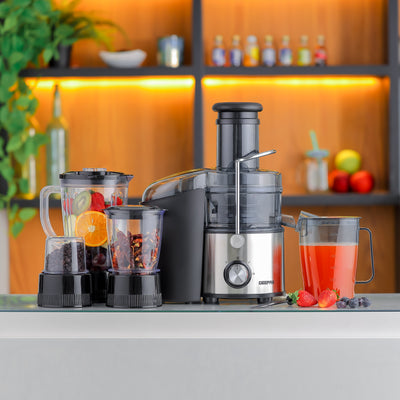 Geepas 4-IN-1 Stainless Steel Blender and Juice Extractor- GSB44016| 800 W Powerful Motor with 2 Speed Setting and Pulse| 2 L Pulp Container, 1.1 L Juice Cup, 1.5 L Blender Jar