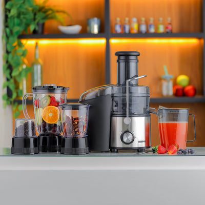 Geepas 4-IN-1 Stainless Steel Blender and Juice Extractor- GSB44016| 800 W Powerful Motor with 2 Speed Setting and Pulse| 2 L Pulp Container, 1.1 L Juice Cup, 1.5 L Blender Jar