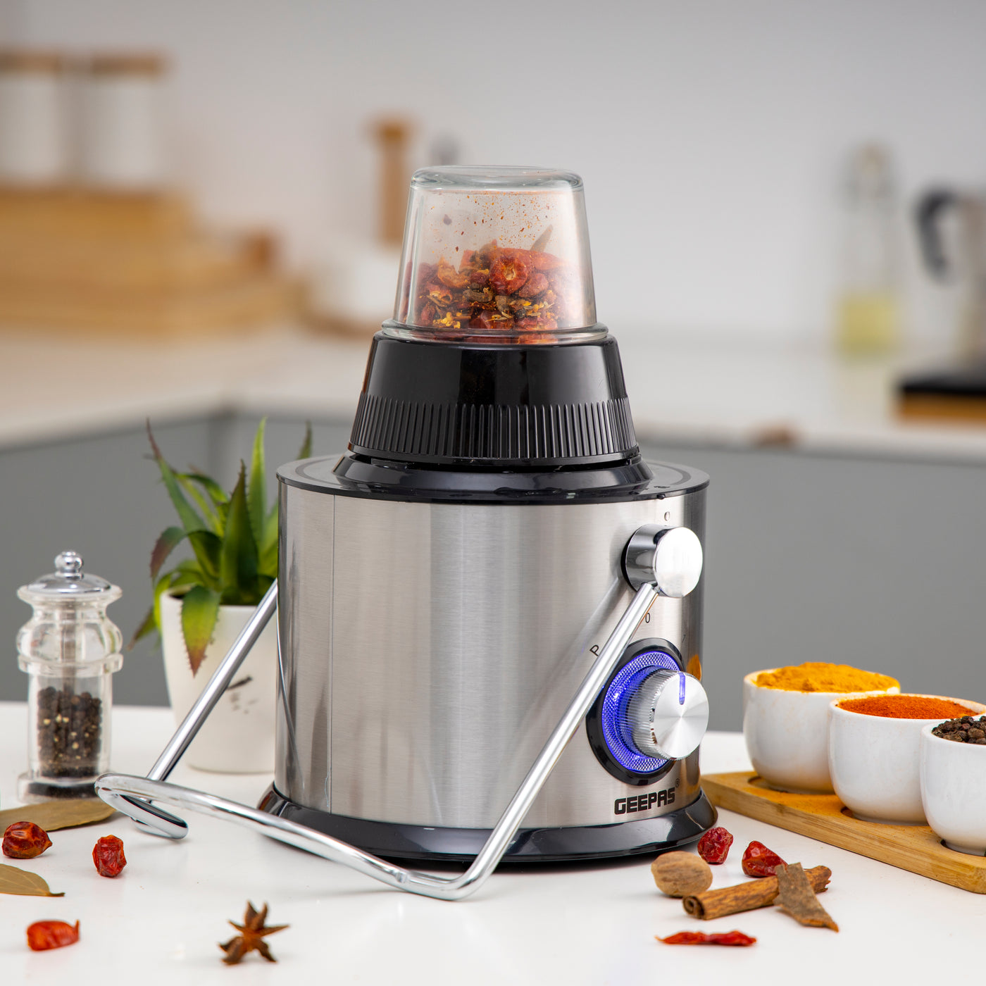 Geepas 4-in-1 Juicer Blender, 75mm Wide Feeding Chute | GSB44049 | 2.2L Pomace Container | 2 Speed with Pulse Function | 1L Glass Blender & Juice Jug | Safety Interlock | 800W Motor