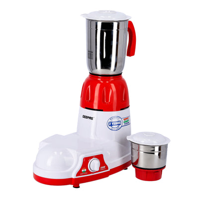 Geepas 2-IN-1 Mixer Grinder- GSB5456| 550W Powerful Motor with Stainless Steel Jars and Blades, Unbreakable Polycarbonate Jar Caps| Ergonomic Design, Overload Protector| 2 Jars with 3 Speed Control| Red and White