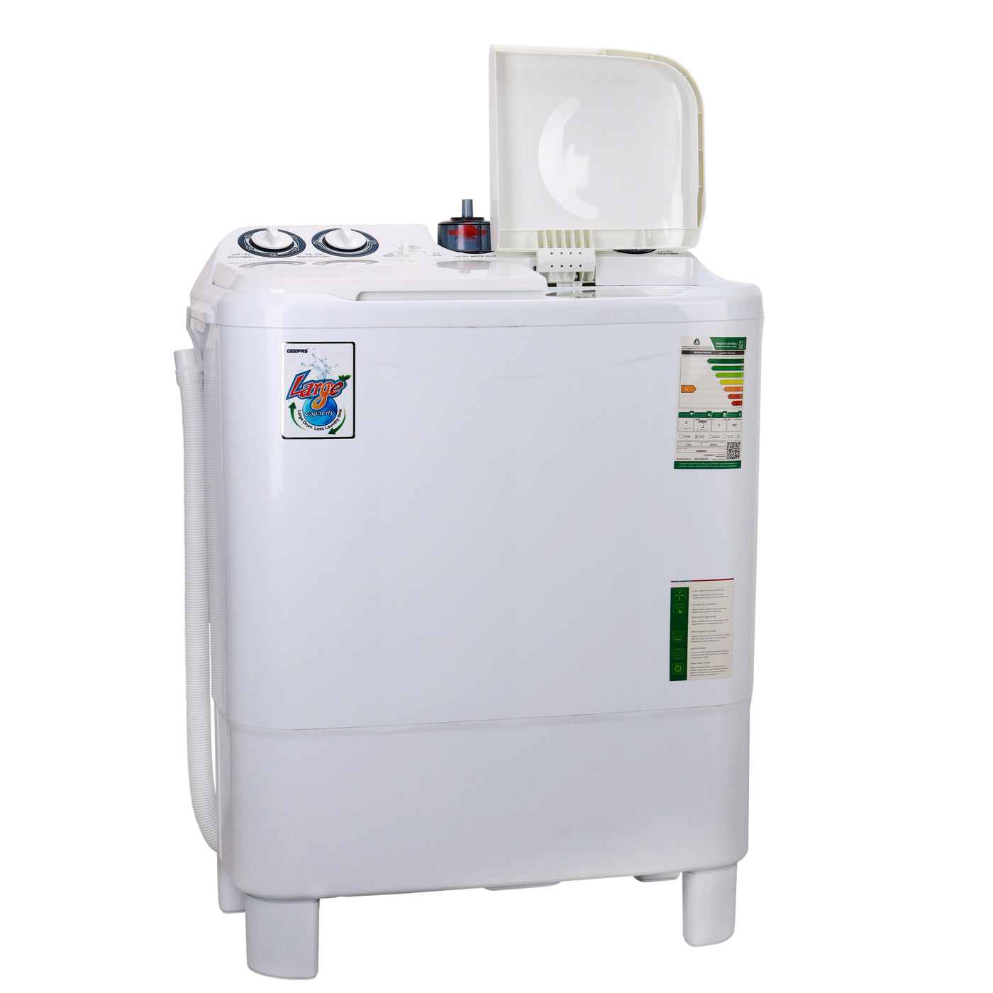 Geepas 7.2 KG Twin Tub Semi-Automatic Washing Machine- GSWM6468| High Back Control Panel and Semi-Automatic Top Load Washing Machine, Ripple Pulsator| Highly Effecient with Classic Design, Spin Capacity: 7.2 KG| White, 2 Years Warranty