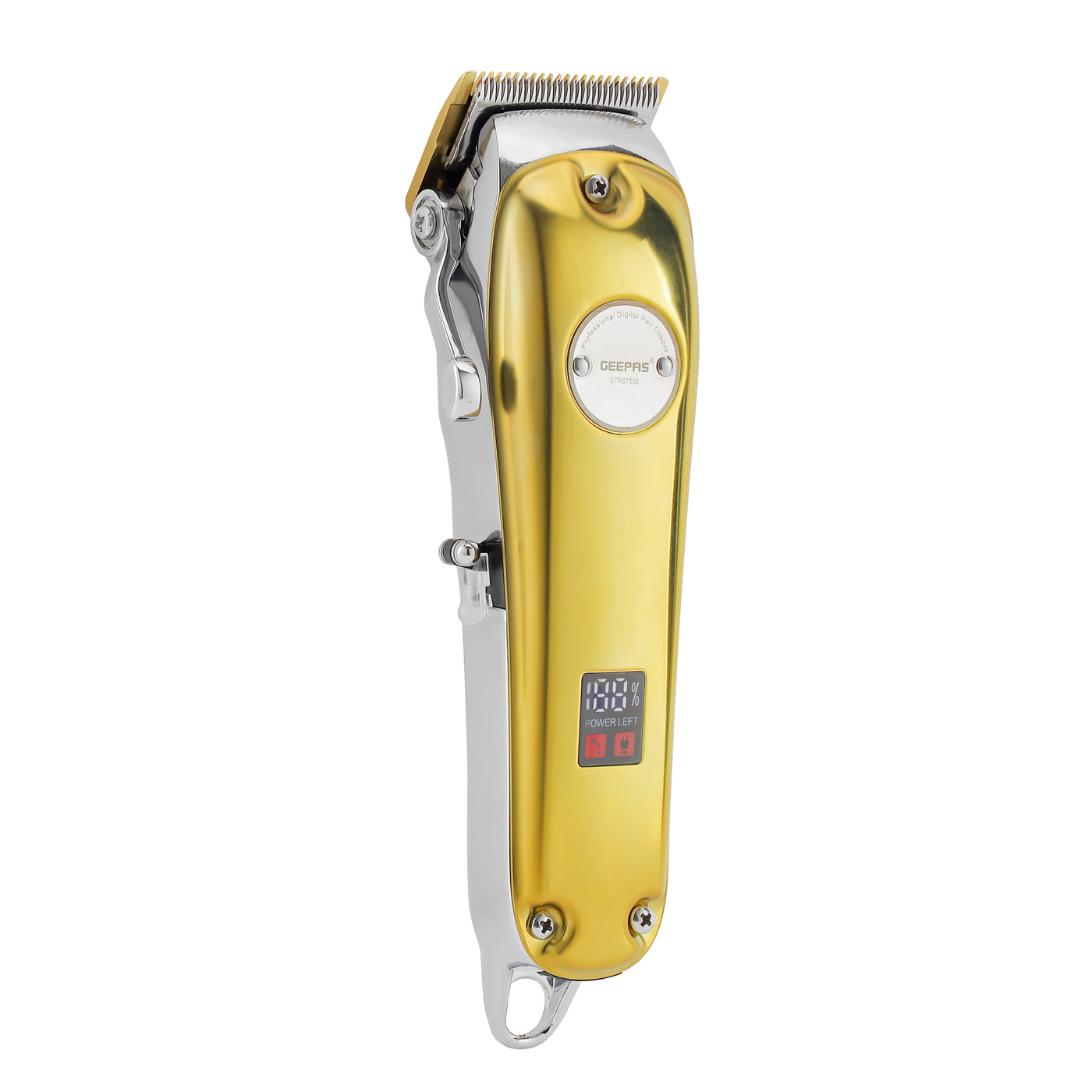 Geepas Professional Digital Hair Clipper- GTR57502| Hair Clipper with High Capacity Li-ion Battery and Fast Charging| 4 Adjustable Cutting Blades and 4 Separate Combs| LCD Display, Perfect for Home and Saloon Styling| 2 Years Warranty, Golden