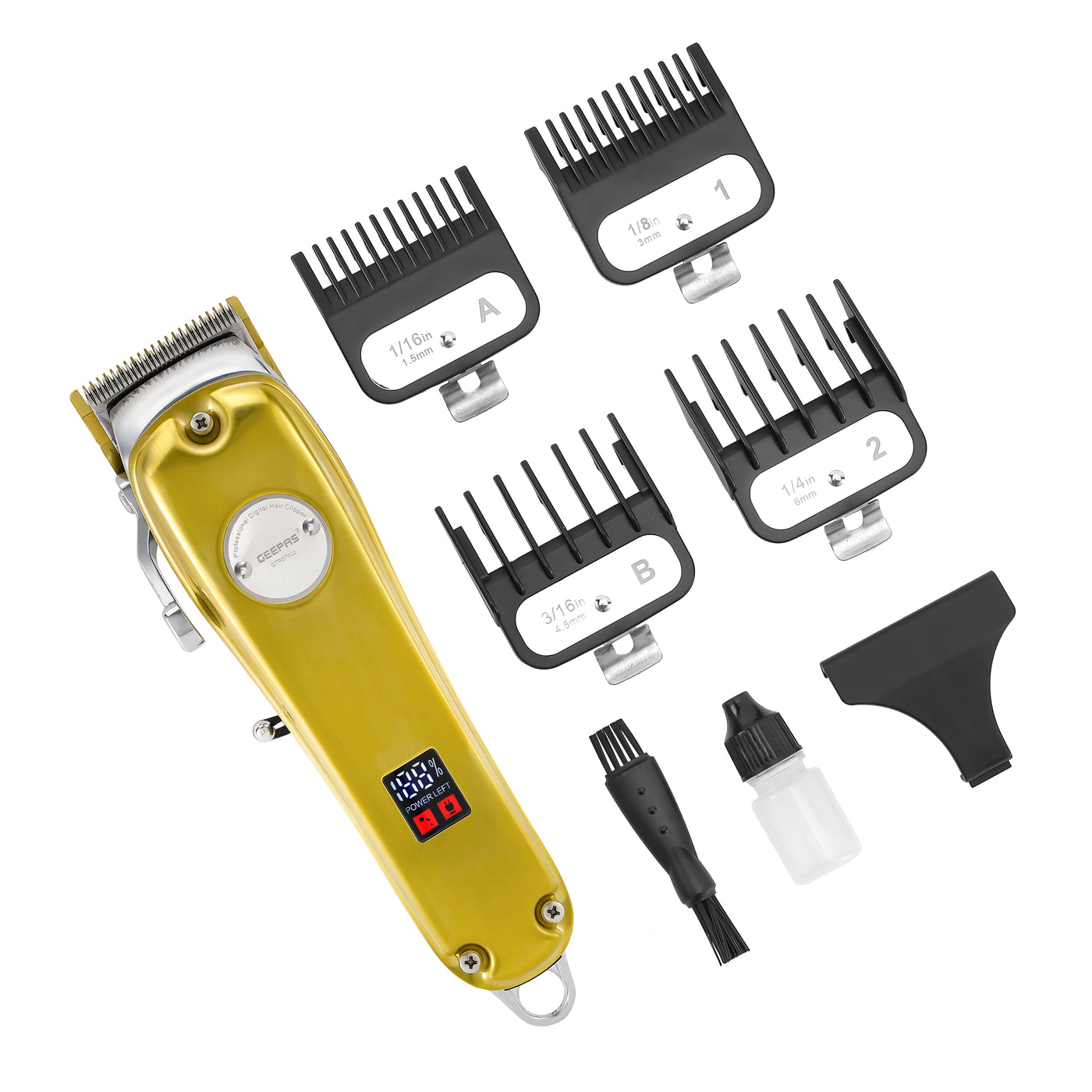 Geepas Professional Digital Hair Clipper- GTR57502| Hair Clipper with High Capacity Li-ion Battery and Fast Charging| 4 Adjustable Cutting Blades and 4 Separate Combs| LCD Display, Perfect for Home and Saloon Styling| 2 Years Warranty, Golden