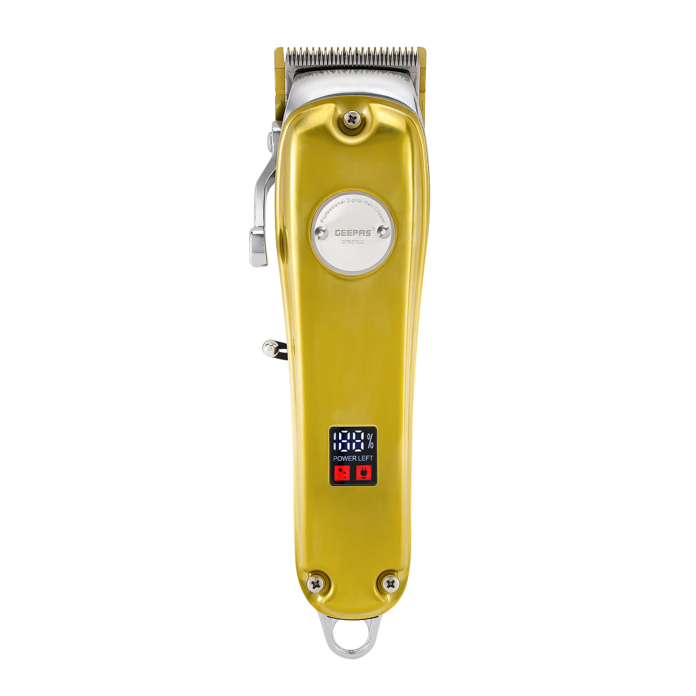 Geepas Professional Digital Hair Clipper- GTR57502| Hair Clipper with High Capacity Li-ion Battery and Fast Charging| 4 Adjustable Cutting Blades and 4 Separate Combs| LCD Display, Perfect for Home and Saloon Styling| 2 Years Warranty, Golden