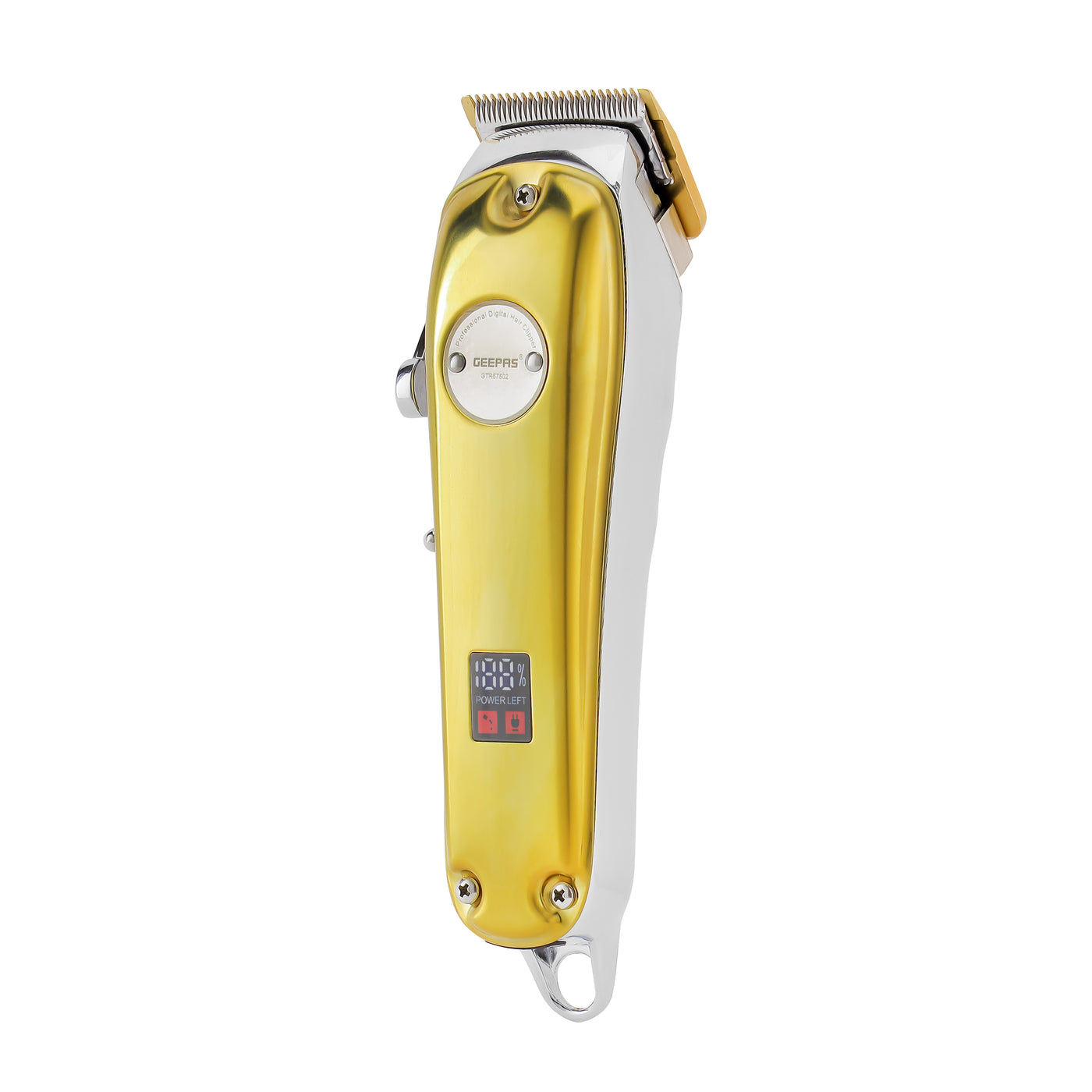 Geepas Professional Digital Hair Clipper- GTR57502| Hair Clipper with High Capacity Li-ion Battery and Fast Charging| 4 Adjustable Cutting Blades and 4 Separate Combs| LCD Display, Perfect for Home and Saloon Styling| 2 Years Warranty, Golden