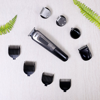 Geepas 11-IN-1 Rechargeable Grooming Set- GTR8300| With 6 Interchangeable Heads and 4 Comb Attachments| Includes a Charging Stand, Cleaning Brush and USB Cable| Prefect for Home and Professional Styling| Black