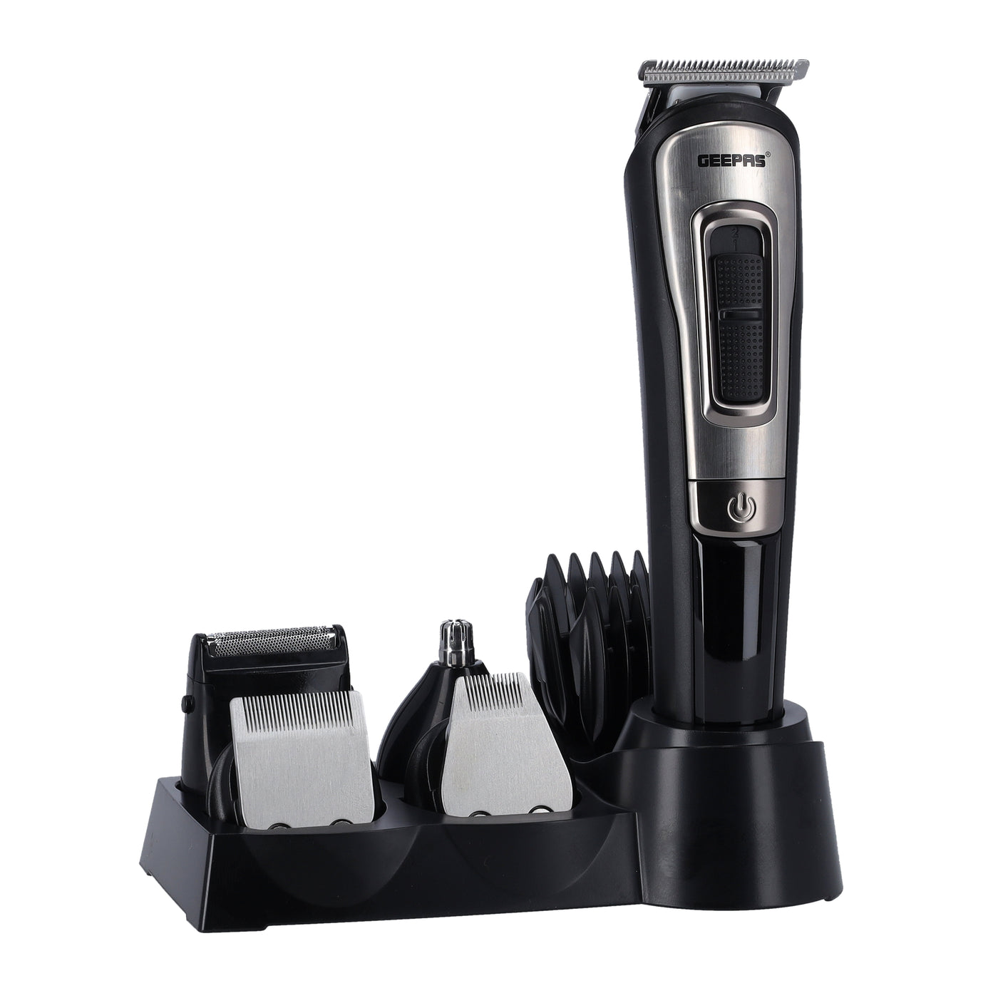 Geepas 11-IN-1 Rechargeable Grooming Set- GTR8300| With 6 Interchangeable Heads and 4 Comb Attachments| Includes a Charging Stand, Cleaning Brush and USB Cable| Prefect for Home and Professional Styling| Black