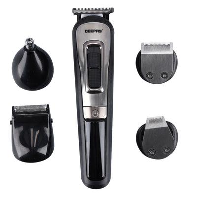 Geepas 11-IN-1 Rechargeable Grooming Set- GTR8300| With 6 Interchangeable Heads and 4 Comb Attachments| Includes a Charging Stand, Cleaning Brush and USB Cable| Prefect for Home and Professional Styling| Black