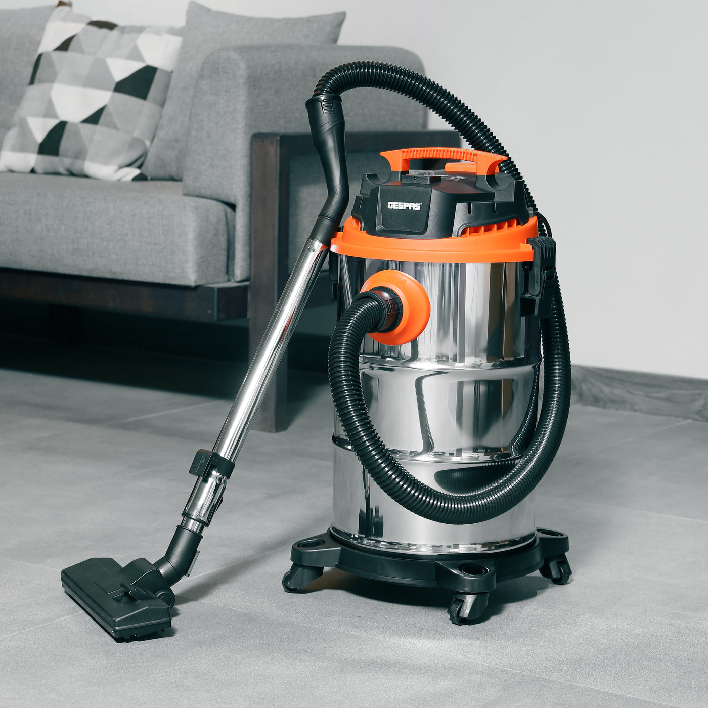 Geepas 1400 W Wet and Dry Vacuum Cleaner- GVC19032| 30 L Dust Bag Capacity, 5 M Cord Length| 3-in-1 Function, Wet, Dry and Blow, Powerful Suction| Perfect For Home, Office, Apartments| Easy to Move, Equipped with Accessories Storage Function