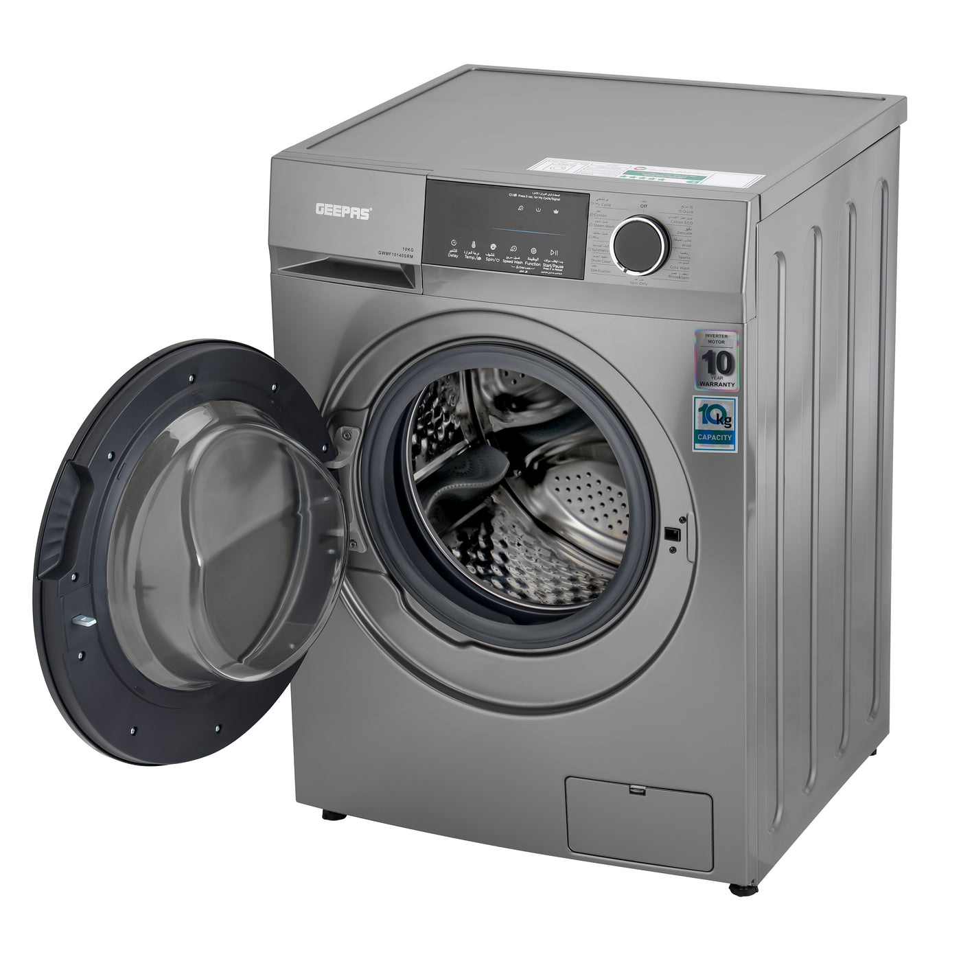 Geepas Fully Automatic Washing Machine- GWMF10140| Automatic Front Load Washing Machine, Equipped With 15 Programs including Quick Wash, Steam Wash, Cotton, Child Lock| 10 KG Capacity and 69L Drum Capacity| Metallic Grey