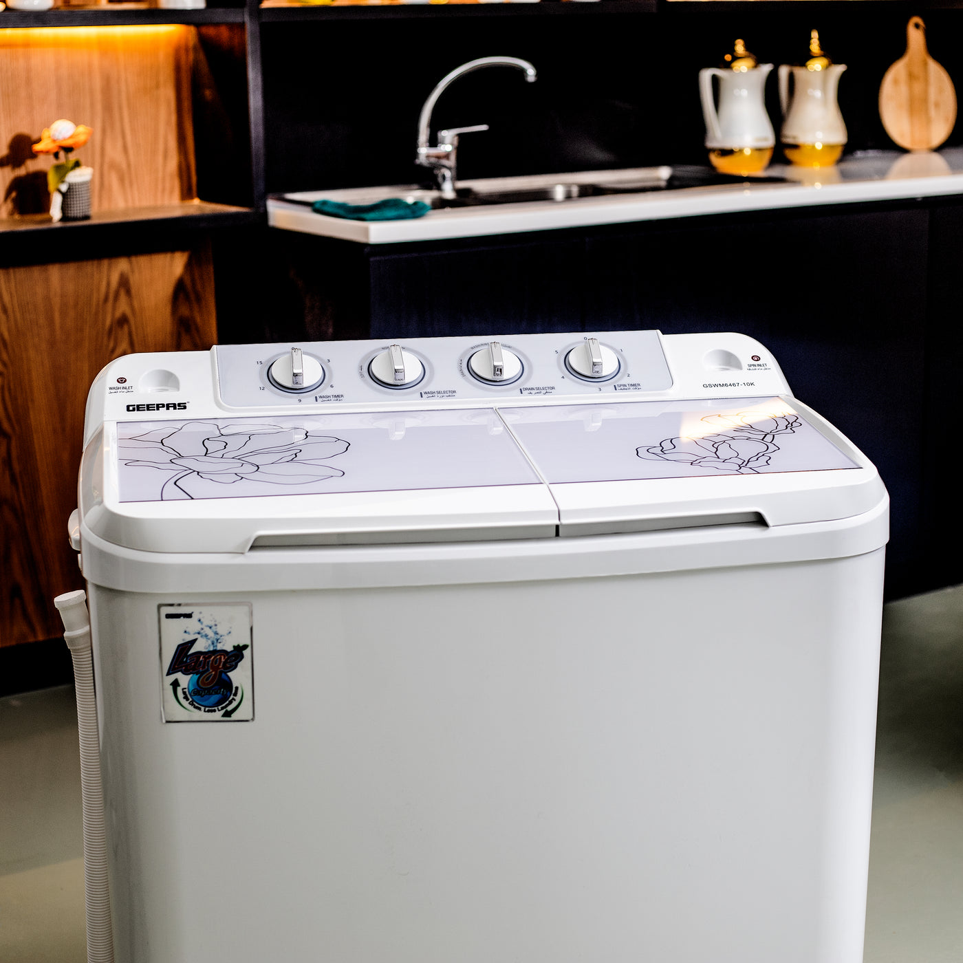 Geepas 9.2 KG Twin Tub Semi-Automatic Washing Machine- GSWM6467| High Back Control Panel and Semi-Automatic Top Load Washing Machine| Spin Capacity: 7.0 KG| White