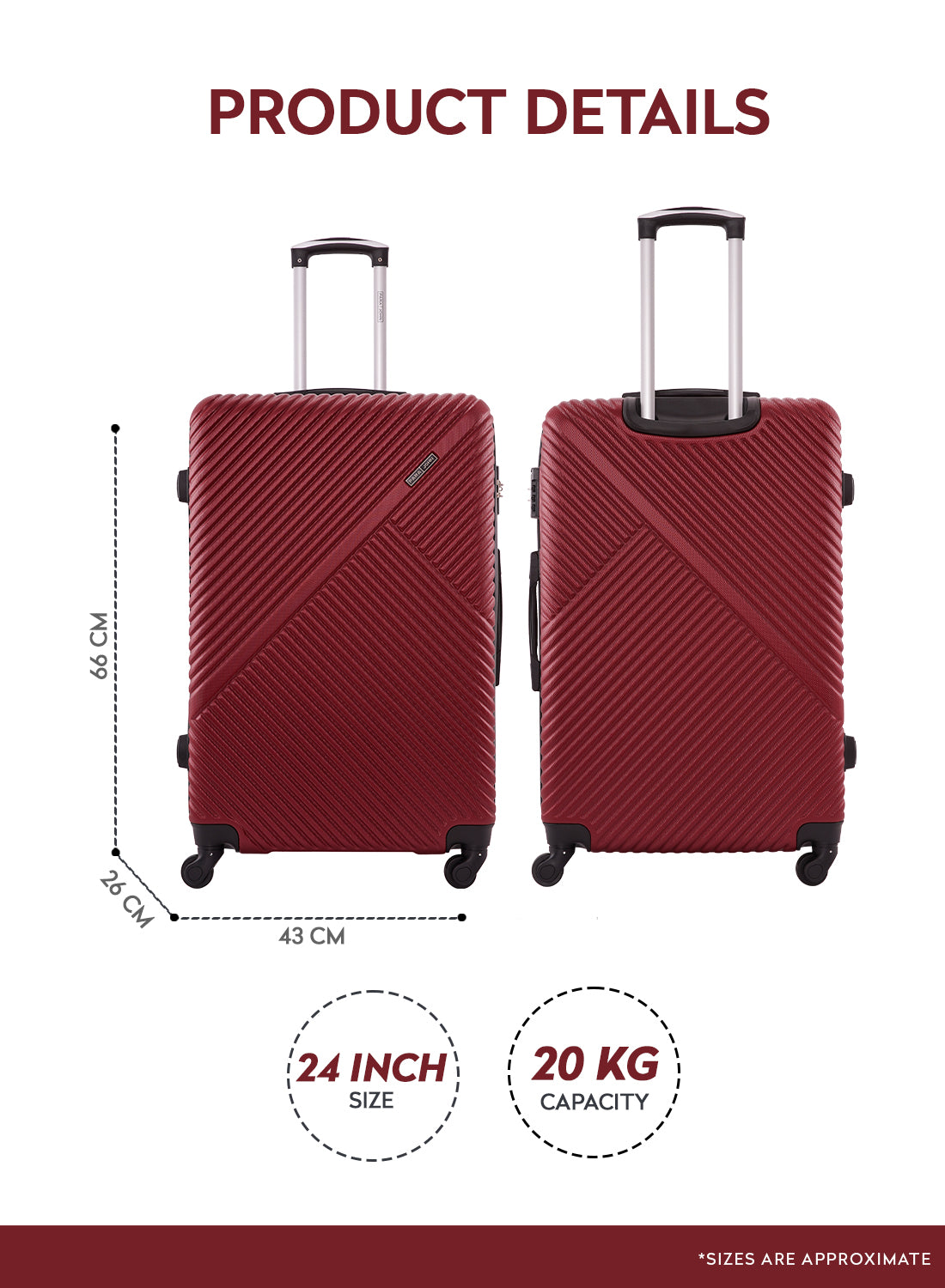 ABS Hardside Spinner Check In Medium Luggage Trolley 24 Inch