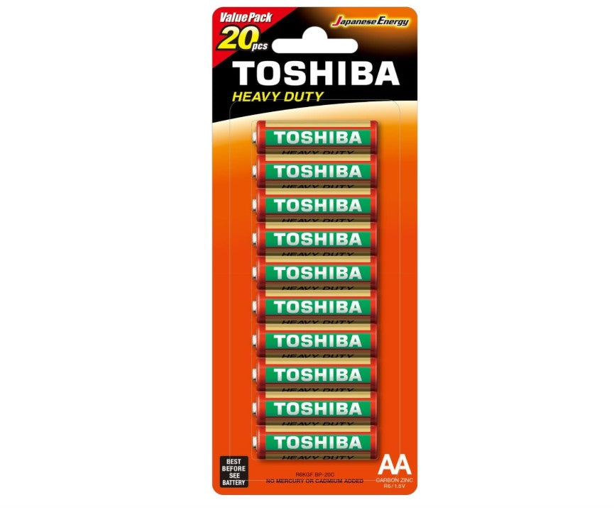 TOSHIBA Heavy Duty Zinc Carbon Battery – Ideal for Low Power Consumption Devices, AA, Pack of 20