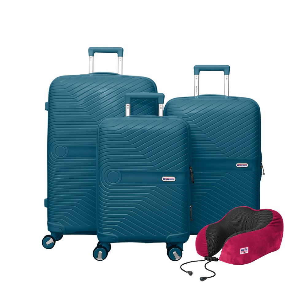 British Tourister 3 PCS Polypropylene Hardside Spinner Luggage Trolley Set 20/24/28 Inch Peacock Blue + Travel Pillow, Memory Foam, Airplane Neck Pillow Red Wine