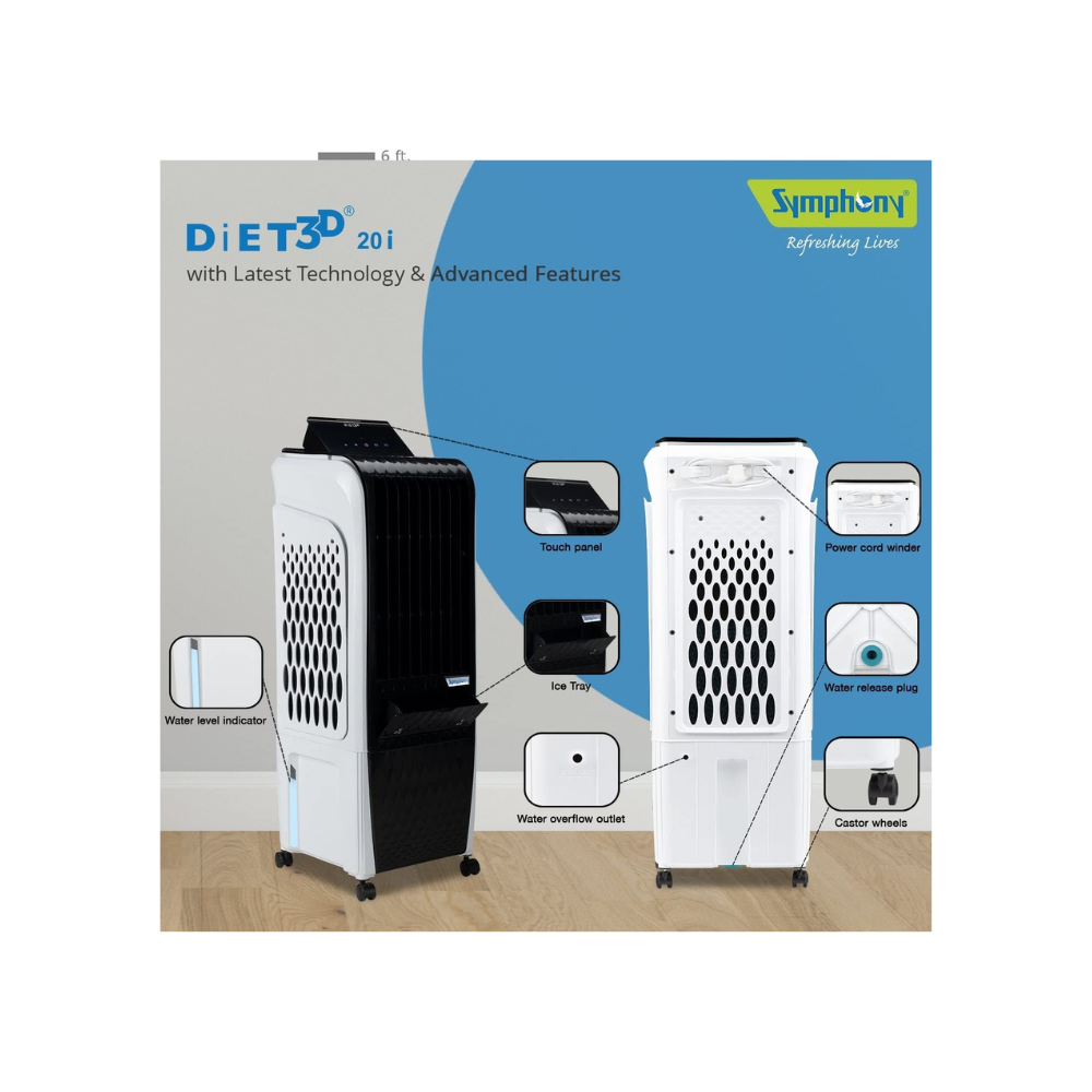 Brown Box Symphony Diet 3D 20i Portable Tower Air Cooler For Home, Office with 3-Side Honeycomb Pads, Pop-Up Touchscreen, i-Pure Technology and Low Power Consumption, Grey