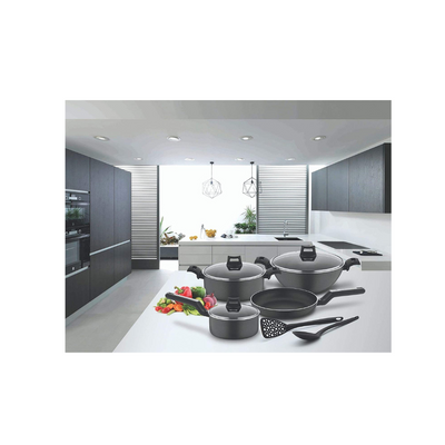 Brown Box 9-Piece Non-Stick Cookware Set (Fry Pan, Casserole, Saucepan, Kadai, 3 Lids & 2 Spatulas) with 5 Layer PTFE Teflon Non-Stick Spray Coating