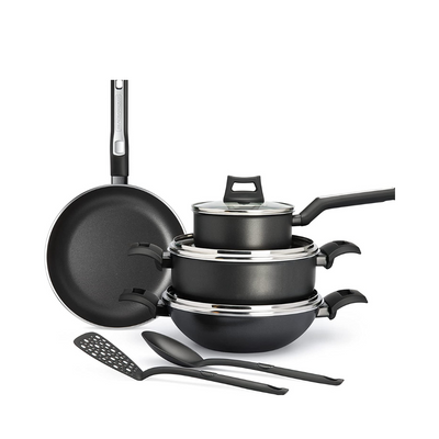 Brown Box 9-Piece Non-Stick Cookware Set (Fry Pan, Casserole, Saucepan, Kadai, 3 Lids & 2 Spatulas) with 5 Layer PTFE Teflon Non-Stick Spray Coating
