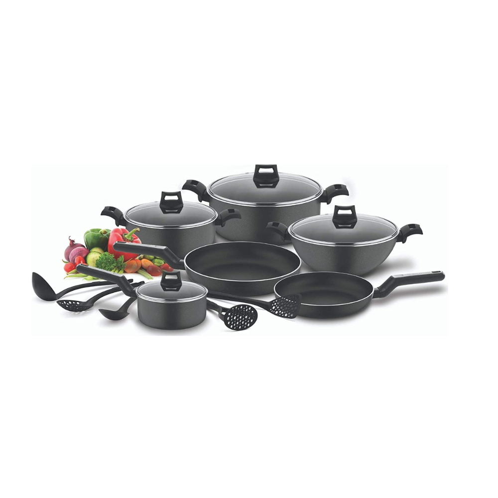 Brown Box 15-Piece Non-Stick Cookware Set (2 Fry Pans, 2 Casseroles, Saucepan, Kadai, 4 Lids & 5 Spatulas) with 5 Layer PTFE Teflon Non-Stick Spray Coating