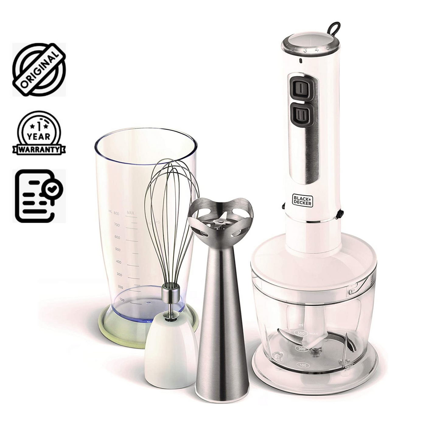 Brown Box 400W 4 In 1 Stainless Steel Stem Hand Blender With Chopper and Whisk White