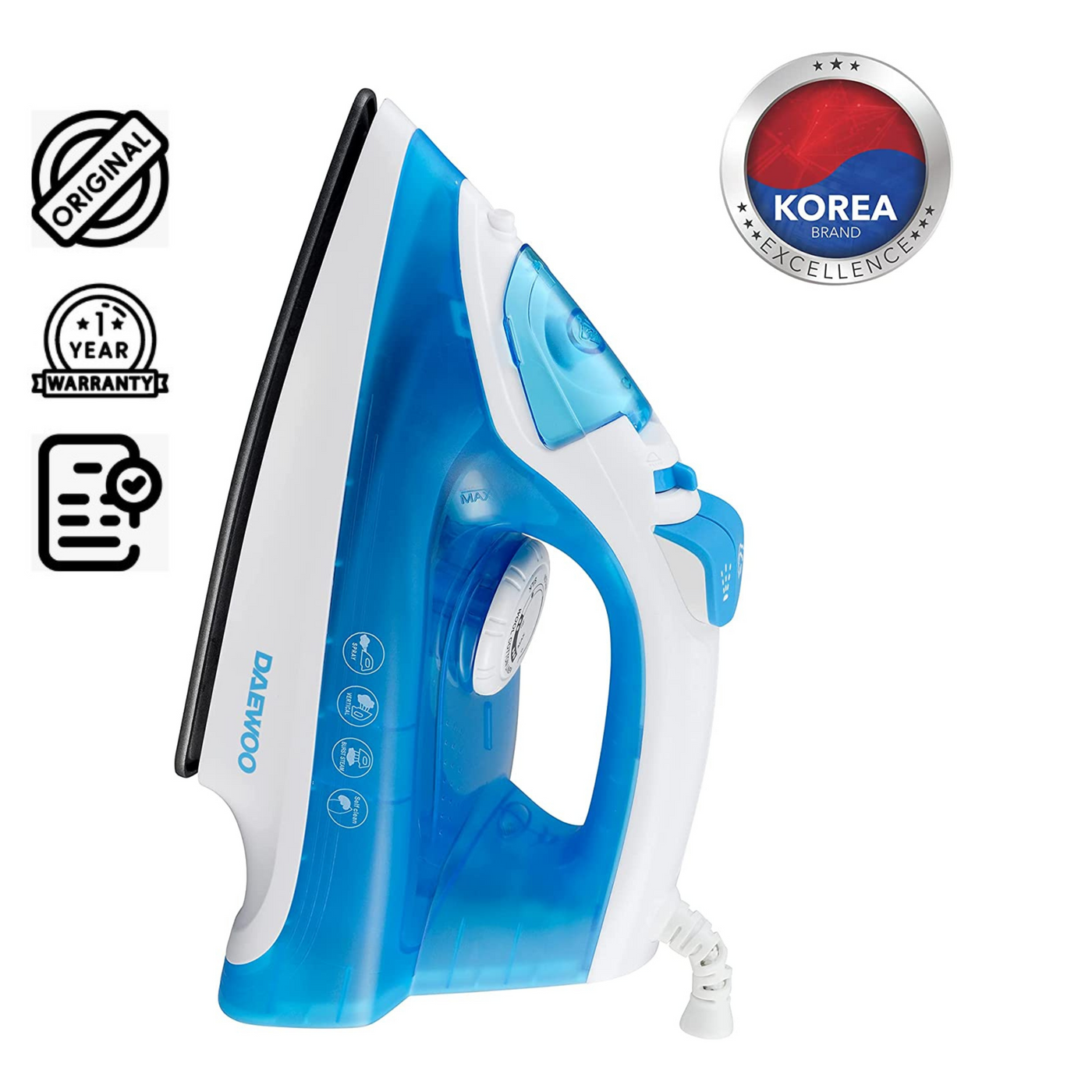 1800W Steam Iron with Non-Stick Soleplate, Self Clean, Spray & Steam Function Korean Technology Light Blue