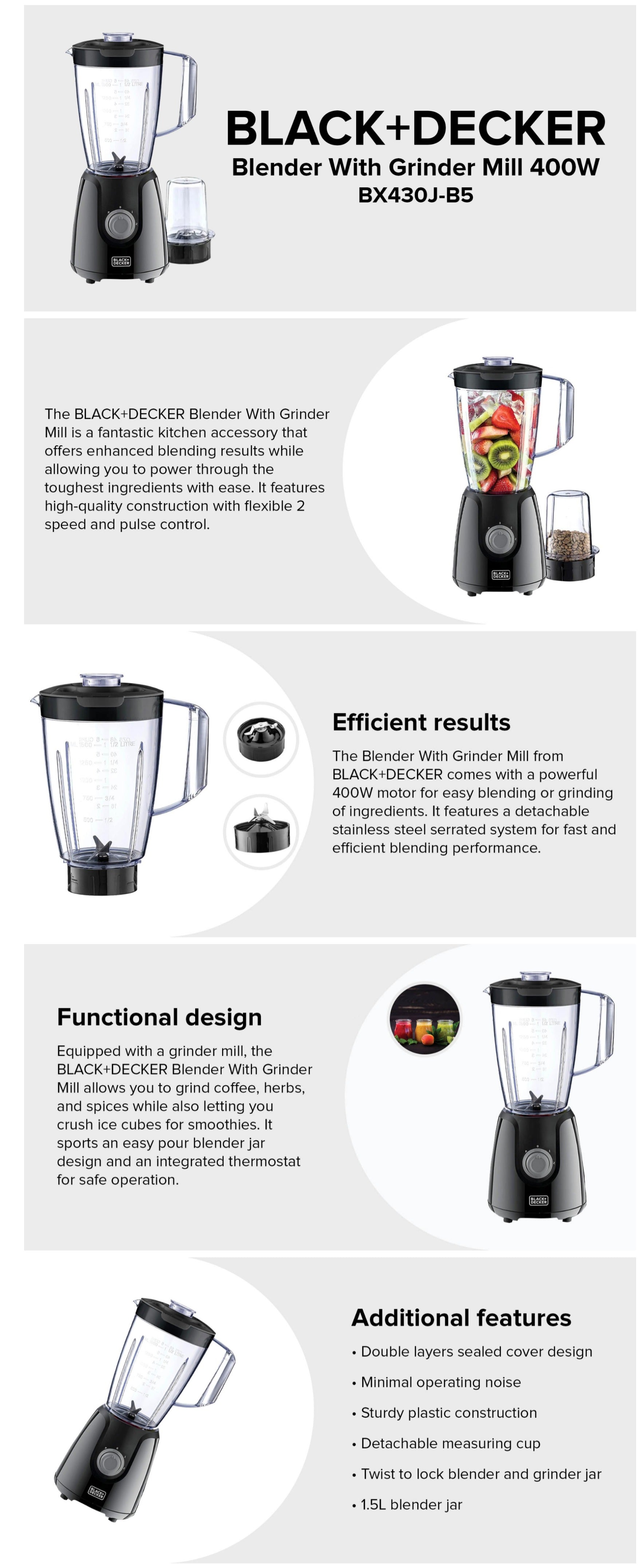 BLACK+DECKER 400W 1.5L Blender with Grinder Mills With 300ml 2 Grinding  Mill, Stainless Steel Blades & Two Pulse Control For Fine and Grinding of  Coffee Herbs and Spices, Black