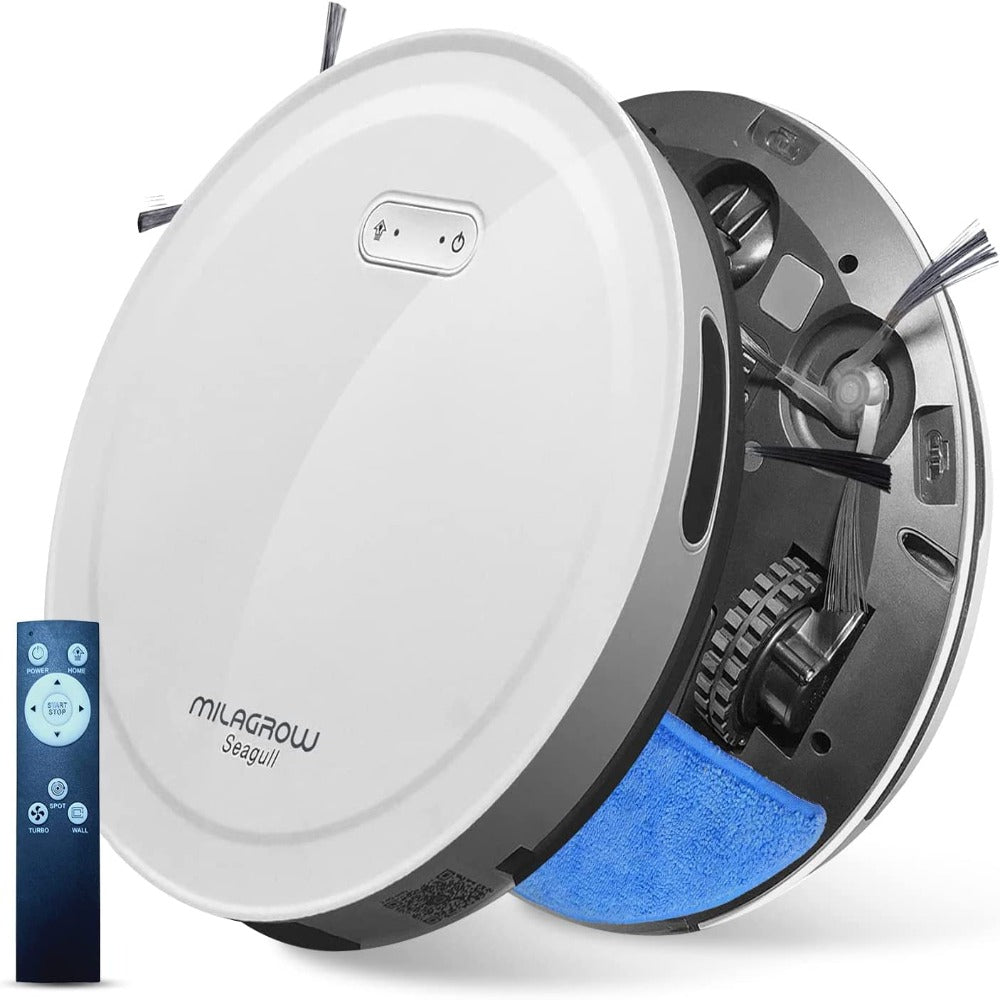 Milagrow Seagull Prime Robot Vacuum Cleaner with Remote Control, 1500Pa Autoboost Suction, Mapping, Slight Wet Mopping Without Water Tank, Scheduling, Self-Charge, 3 Cleaning Modes, APP (White)