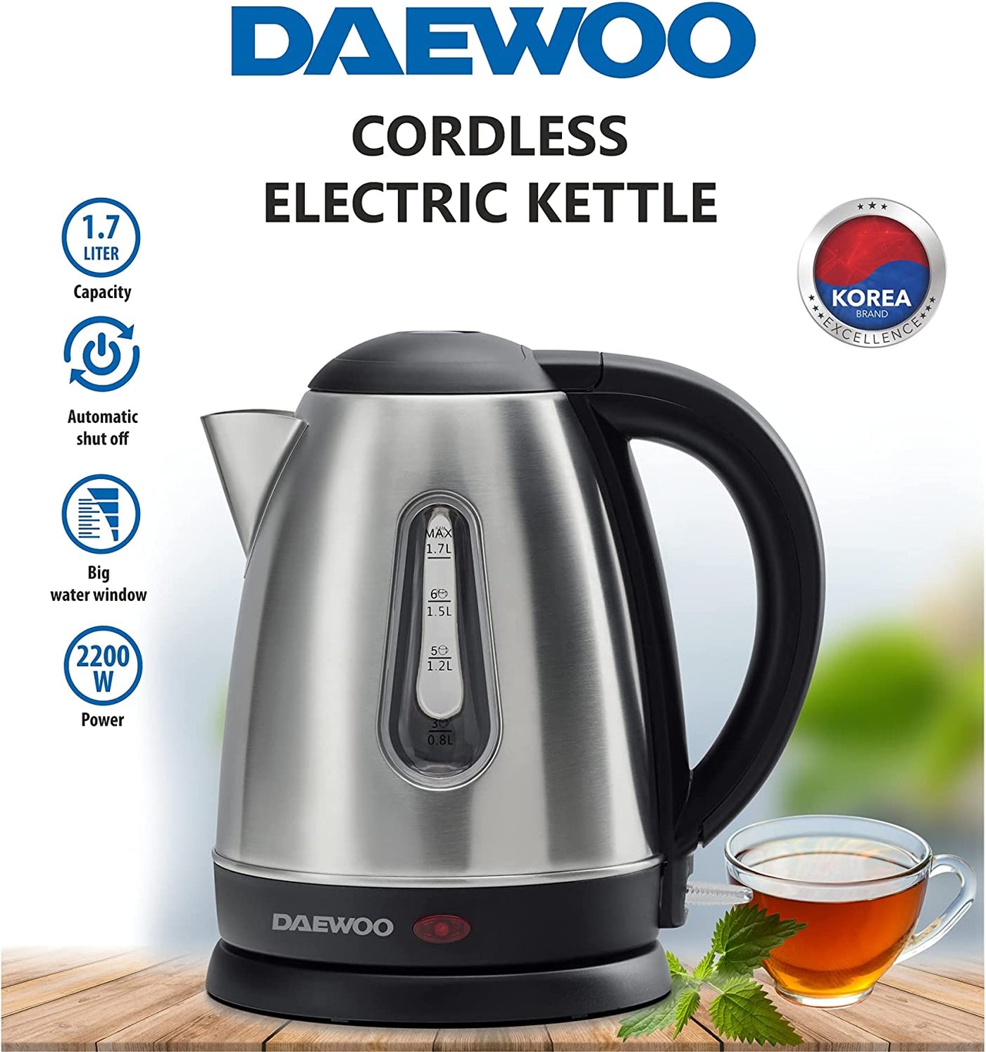 Bundle Set of Daewoo 2400W Steam Iron with Ceramic Soleplate + 1.7 Liter Stainless Steel Electric Kettle with Dual Water Window 2200W
