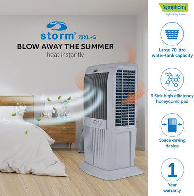 Symphony Storm 70XL Desert Air Cooler For Home with Honeycomb Pads, Powerful Fan, i-Pure Technology and Low Power Consumption (70L, Grey)
