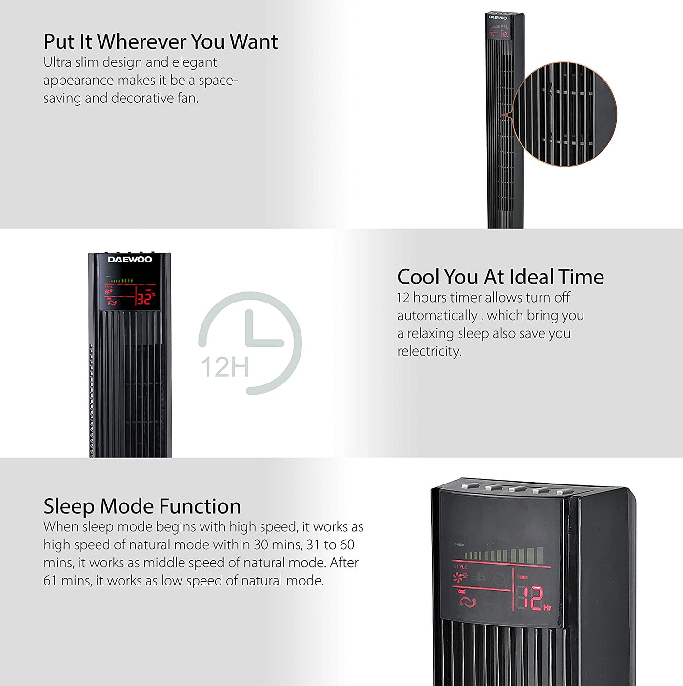 Digital 3 Speed Tower Fan with Timer and Oscillation 45W Korean Technology DTF36DR Black