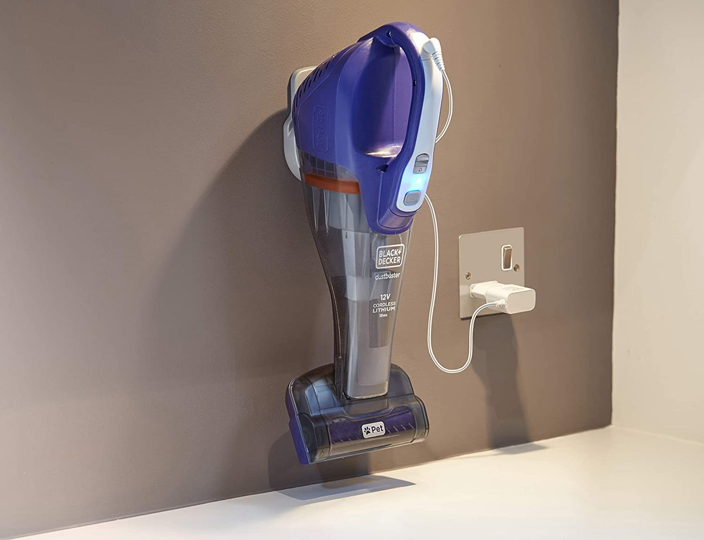 Brown Box 12V 1.5Ah Li-Ion 400ml Cordless Dustbuster Handheld Pet Care Vacuum with Motorized Pet Head, Jack Plug Charger & Wall Mount for Home & Car, Purple/Grey