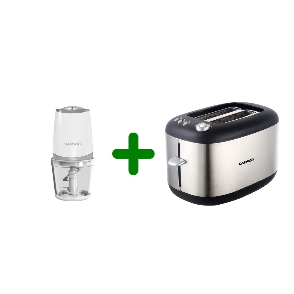 Bundle Set of Daewoo 500W 600ml Food Chopper with Glass Bowl + 800W 2 Slice Stainless Steel Bread Toaster