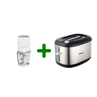Bundle Set of Daewoo 500W 600ml Food Chopper with Glass Bowl + 800W 2 Slice Stainless Steel Bread Toaster