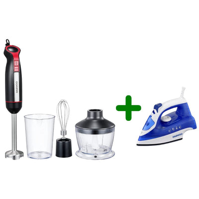 Bundle Set of Daewoo 400W 4-in-1 Stainless Steel Hand Blender with Chopper and Whisk  +  1800W Steam Iron with Non-Stick Soleplate, Self Clean, Spray & Steam Function