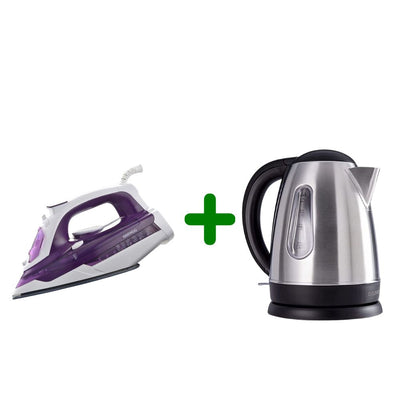 Bundle Set of Daewoo 2400W Steam Iron with Ceramic Soleplate + 1.7 Liter Stainless Steel Electric Kettle with Dual Water Window 2200W