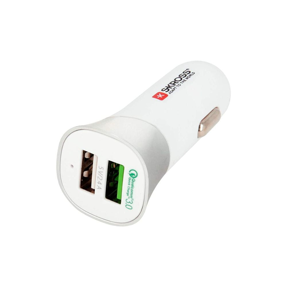 Skross Dual Usb Car Charger Qc 3.0, Dual Port Qualcomm Quick Charge 3.0, Simultaneous Charging For Two Devices, Designed In Switzerland, 2.900615 White