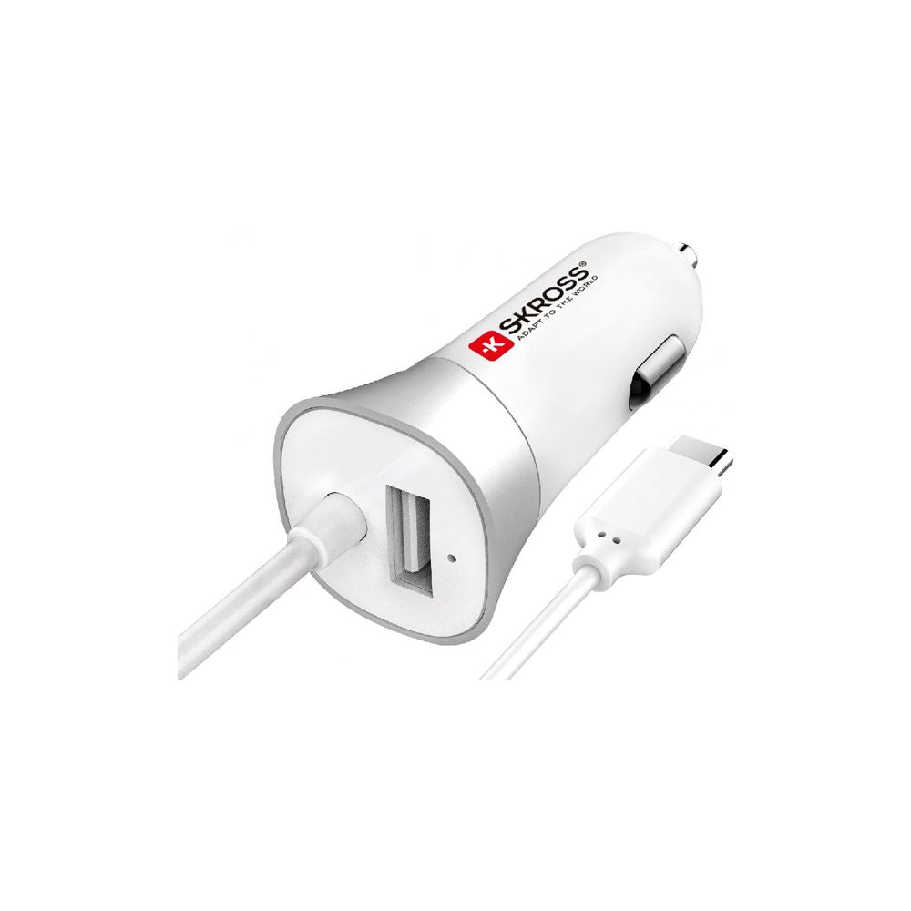 Skross USB Car Charger with Type C Connector (2.0), Type C Connector for Faster Charging, Simultaneous Charging for Two Devices, Designed in Switzerland, 2.900618 White