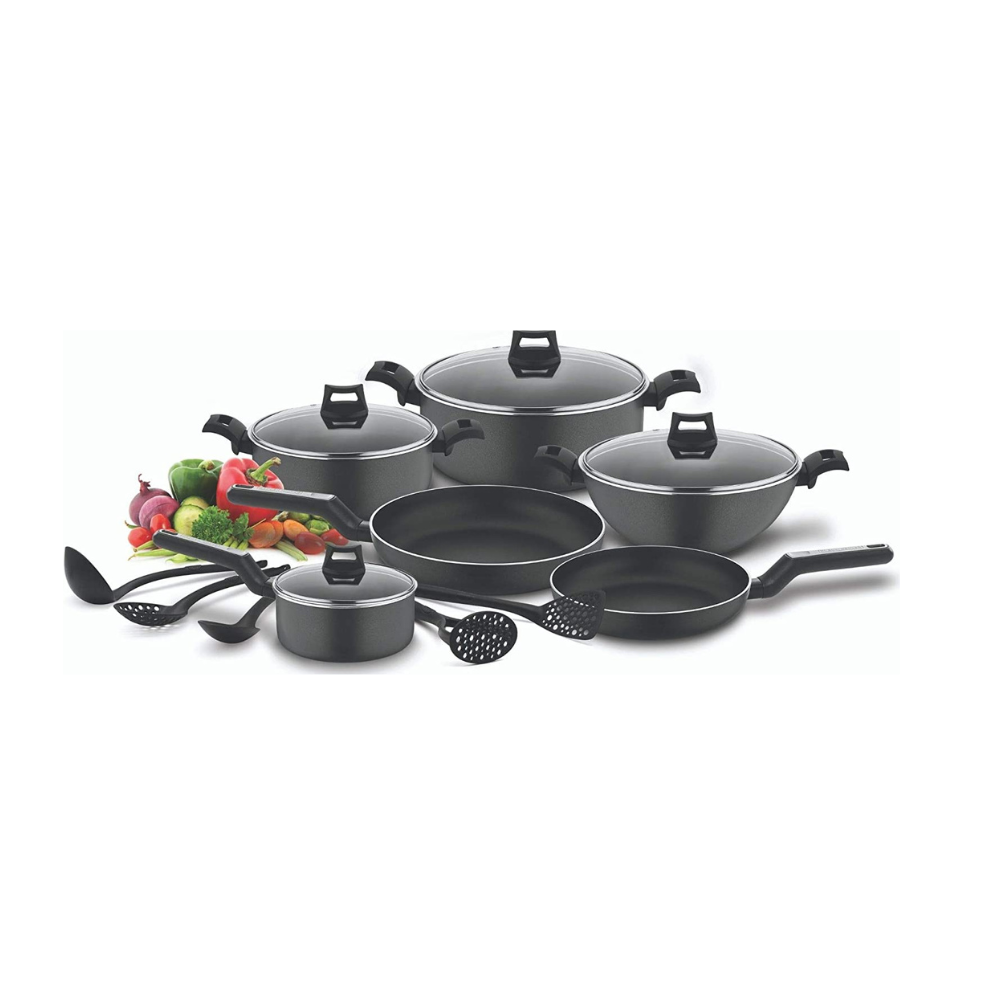 15-Piece Non-Stick Cookware Set (2 Fry Pans, 2 Casseroles, Saucepan, Kadai, 4 Lids & 5 Spatulas) with 5 Layer PTFE Teflon Non-Stick Spray Coating