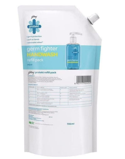 Godrej Protekt Germ Fighter Handwash Refill Pack | Aqua | Germ Protection & Soft on Hands - 725ml