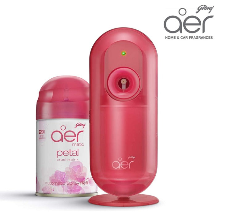 aer matic Automatic Air Freshener Auto Spray Kit with Flexi Control Petal Crush Pink 225 ml