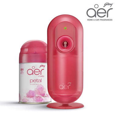 aer matic Automatic Air Freshener Auto Spray Kit with Flexi Control Petal Crush Pink 225 ml